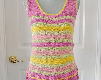 Pink Striped Knit Tank Top, Summer Knit Camisole, Striped Top, Yellow Stripes, Summer Top, Boho, Beach, Camisole, Scoop Neck Tank