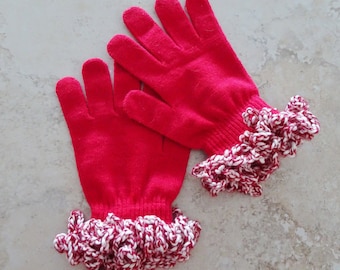 Christmas Gloves - Candy Cane Stripe White & Red Cuffs - Mrs Santa Claus Gloves - Stretch Knit Red Gloves - Adult Size Holiday Gloves