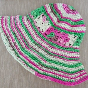 Crochet Cotton Summer Sun Hat Women's Hat Floppy Brim Hat Beach Hat Pink and Green Watermelon Color Hat Cotton Crochet Hat image 4