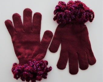 Burgundy Wine Ruffled Cuff Fancy Gloves, Winter Gift Gloves, Adult Size Stretch Knit Gloves