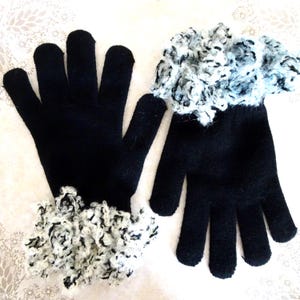 Crochet Cuff Knit Gloves: Black, Ivory & Blue - Elegant Novelty Gift