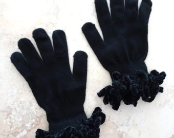 Guanti in maglia nera: polsino in ciniglia, eleganti guanti da sera invernali