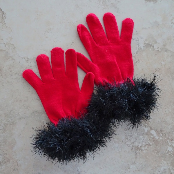 Red Gloves, Fancy Black cuff Red Gloves, Festive Gloves, Black and Red Gloves, Winter Gloves, Gift for Her, Stretch to Fit Knit Gloves