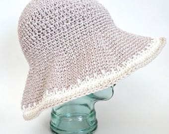 Crochet Cotton Sun Hat, Beige Floppy Brim Beach Hat