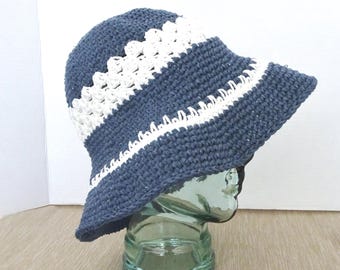 Crochet Sun Hat: Blue & White Cotton, Flexible Brim Beach Hat