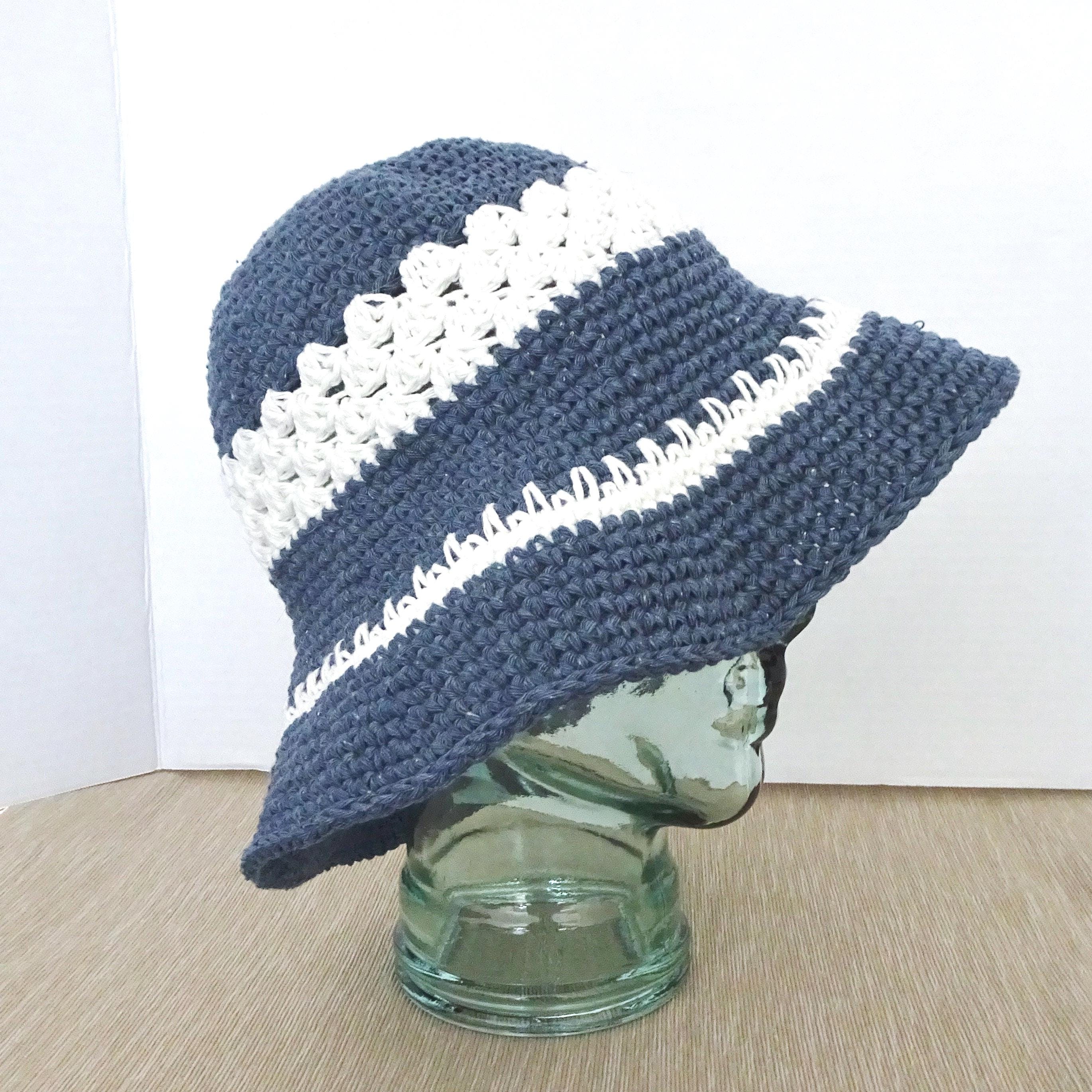 Crochet Sun Hat: Blue & White Cotton, Flexible Brim Beach  display picture 3