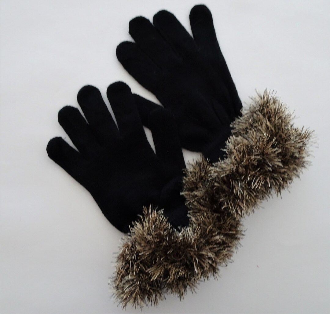 Black Knit Gloves With Mink Brown Novelty Crochet Embellished Etsy