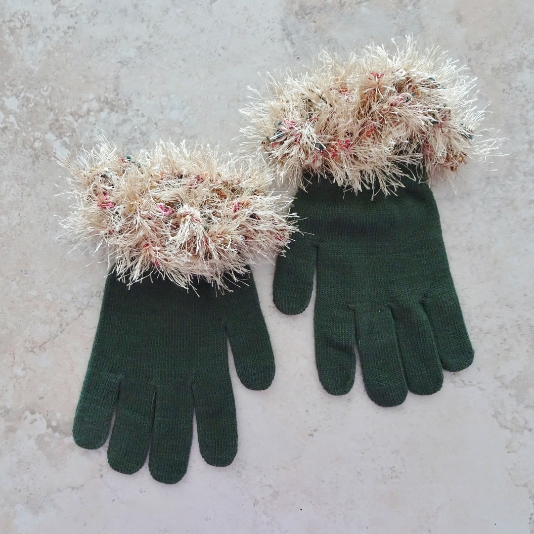 Green Knit Gloves With Fancy Cuffs, Novelty Crochet Cuffed Gloves, Gift