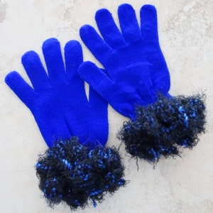 Blue Knit Gloves: Crochet Faux Fur Cuff, Stretch Fit Winter Gloves