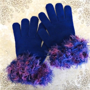 Blue Knit Gloves with Crochet Cuffs: Novelty Winter Gloves, Stretch Fit Medium