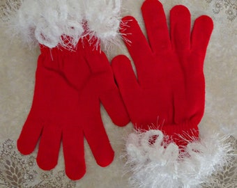 Red Knit Fancy White Cuff Gloves, MS. Santa Claus Gloves, Stretch Knit Glove, Christmas Red Gloves, Holiday Party Gloves, Adult Size Gloves