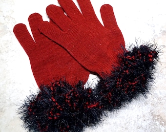 Burgundy Red Knit Gloves, Crochet Faux Fur Cuffs