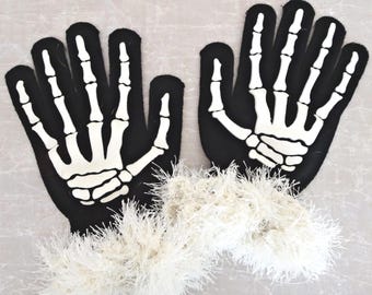 Schwarze Strickhandschuhe mit Skeletthänden: Halloween-Kostüm, elfenbeinfarbene Häkelbündchen