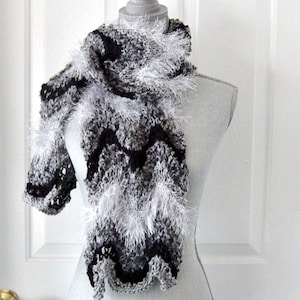 Gray White and Black Striped Winter Scarf, Luxury Hand Knit Scarf, Gray Striped Scarf, Black Striped Scarf, Elegant Scarf, Gift for Her