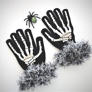 Glow in the Dark Skeleton Knit Gloves: Halloween Costume, Crochet Cuff