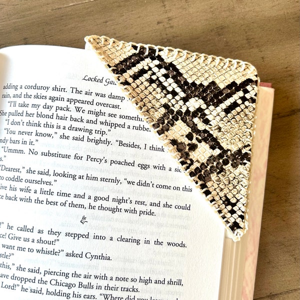 Snakeskin corner bookmark, faux snakeskin, hand stitched corner page marker, double sided, bookworm, bougie bookmark, embossed pleather book