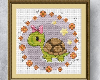 Little turtle cross stitch Instant pdf download pattern Counted cross stitch Turtle Pattern for children Animal pattern Stars chart