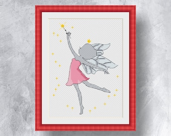 Pink Fairy cross stitch Instant pdf download pattern Counted cross stitch fairy Pattern for children Cute fairy chart Little fairy pattern