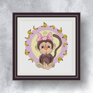 Monkey with bananas cross stitch Instant pdf download pattern Counted cross stitch Monkey Pattern for children Animal pattern Bananas chart