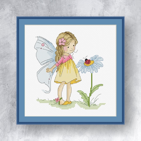 Fairy and Ladybug cross stitch pattern PDF instant download Small fairy counted cross stitch chart Little fairy graph