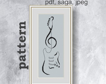May include: A framed cross-stitch pattern featuring a black electric guitar design intertwined with a treble clef symbol. The guitar is set against a light blue background, with the word "pattern" printed vertically on the left side.