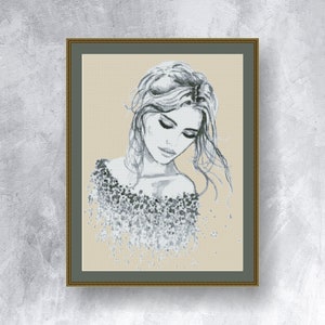 WOMAN (monochrome) cross stitch pattern PDF instant download Beautifful woman cross stitch chart B&W woman graph Fantasy chart