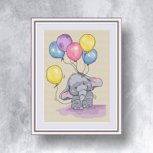 Patrón de elefante con globos PDF descarga instantánea Lindo elefante en punto de cruz Punto de cruz infantil Patrón de elefante pequeño Gráfico de fantasía
