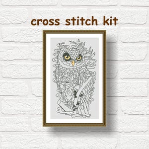 Owl with flower monochrome cross stitch kit Cute owl cross stitch DIY Flower and owl cross stitch Fantsay kit