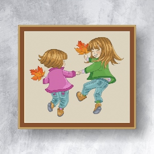 Sisters cross stitch chart  Children and autumn cross stitch pattern Pdf instant download Smiling kids cross stitch graph