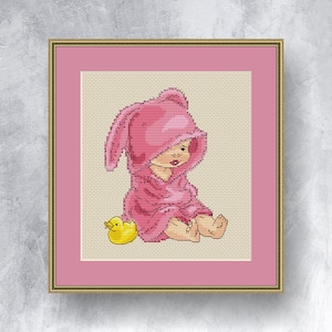 Baby meisje kruissteek patroon Pdf direct downloaden Baby in roze kruissteekdiagram Gelukkige kinderen kruissteekgrafiek