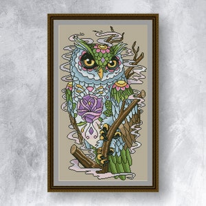 Owl with flower cross stitch pattern PDF instant download Cute owl cross stitch chart Flower and owl cross stitch graph Fantsay pattern