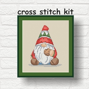 Gnome with a cookie cross stitch kit Christmas gnome cross stitch kit Elf cross stitch kit Cute gnome kit