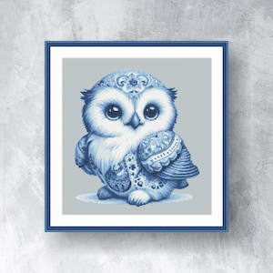 Blue owl PDF instant download Cute owl cross stitch Monochrome cross stitch Small owl pattern Fantasy chart