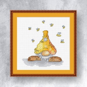 Honey gnome cross stitch pattern PDF instant download Gnome cross stitch pattern Elf cross stitch chart Honey bee gnome graph