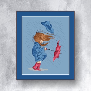 Girl in the rain cross stitch pattern Pdf instant download Child in the storm cross stitch chart Girl with hat cross stitch graph