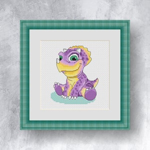 Cute lilac dinosaur cross stitch pattern PDF instant download Dino cross stitch Dino graph Small Dino cross stitch chart