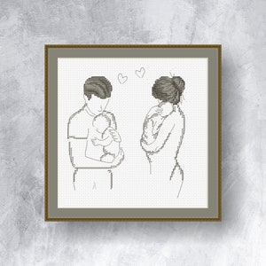 FAMILY cross stitch pattern Pdf instant download Mother&#39;s love cross stitch chart Woman and baby cross stitch graph Father and baby