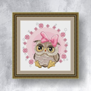 Owl with flowers cross stitch pattern PDF instant download Cute owl cross stitch graph Animal cross stitch Small owl chart
