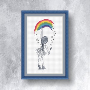 Rainbow cross stitch pattern Pdf instant download Children paints rainbow cross stitch chart Monochrome cross stitch graph Art pattern