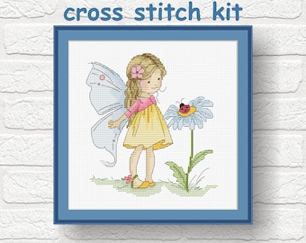 Small fairy cross stitch kit Fairy and Ladybug cross stitch kit Little fairy cross stitch Art kit DIY cross stitch Fairy and daisy