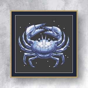 May include: A framed cross-stitch art piece featuring a detailed blue crab design. The crab has a mechanical appearance with segmented body parts and large claws. The background is dark gray with small white star-like accents.