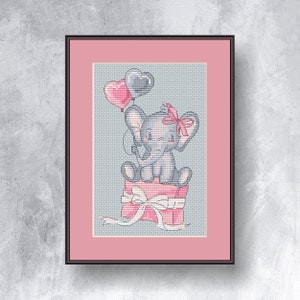 Elephant with balloons cross stitch Instant pdf download pattern Elephant-girl graph Pattern for baby Elephant with ribbon chart