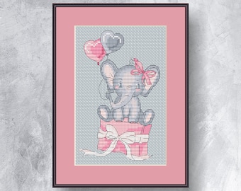 Elefante con globos punto de cruz Patrón descarga instantánea en pdf Gráfico de elefante-niña Patrón para bebé Gráfico de elefante con cinta