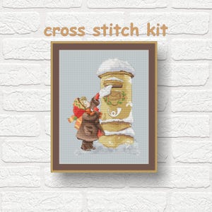 Kit carta para papa noel Kit punto de cruz infantil Punto de cruz navideño Kit arte DIY Punto de cruz Niños en la nieve Niños con gorro Kit DMC