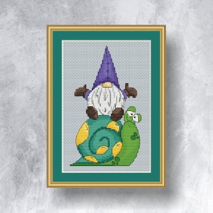 Gnome and Snail cross stitch pattern PDF Instant download Gnome cross stitch graph Elf cross stitch chart