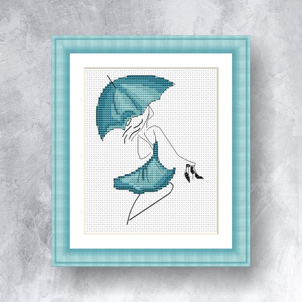 Woman with umbrella cross stitch pattern Pdf instant download Lovely Woman cross stitch chart Woman under the rain cross stitch graph