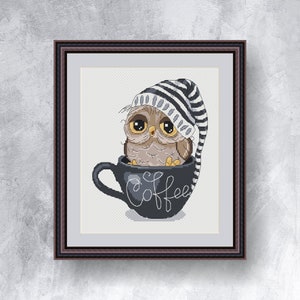 Owl with coffee cross stitch pattern PDF instant download Cute owl cross stitch Fantasy cross stitch graph Small owl chart