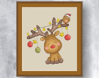 Christmas cross stitch pattern PDF instant download Small reindeer cross stitch charts Christmas reindeer pattern