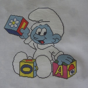 Baby Smurf - Finished completed Cross Stitch for your children&#39;s bedroom