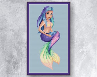 Mermaid cross stitch pattern PDF instandt download Sea counted cross stitch chart Sea girl cross stitch graph